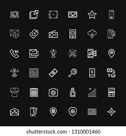 Editable 36 website icons for web and mobile. Set of website included icons line Star, Laptop, Antivirus, Placeholder, Smartphone, Email, Calendar, Wifi, Food on black background