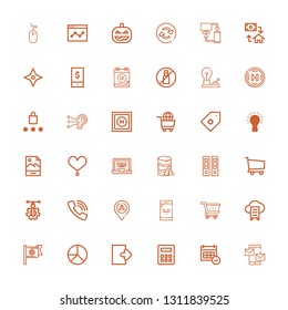 Editable 36 website icons for web and mobile. Set of website included icons line Mails, Calendar, Calculator, Logout, Pie chart, Flag, Cloud data, Cart, Smartphone on white background