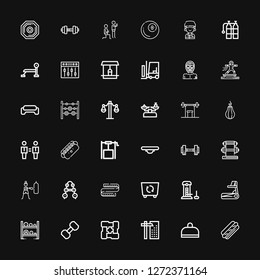 Editable 36 weight icons for web and mobile. Set of weight included icons line Hot dog, Gym, Crane, Arms, Dumbbell, Treadmill, Strength, Container, Measuring tape on black background