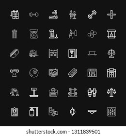 Editable 36 weight icons for web and mobile. Set of weight included icons line Equalizer, Balance, Punching bag, Forklift, Gym file, Equality, Dumbbell, Scale on black background