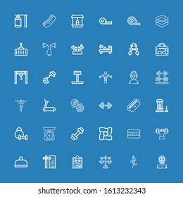 Editable 36 weight icons for web and mobile. Set of weight included icons line Wrestler, Fitness, Justice, Gym file, Crane, Gym, Dumbbell, Hot dog, Arms, Weight on blue background