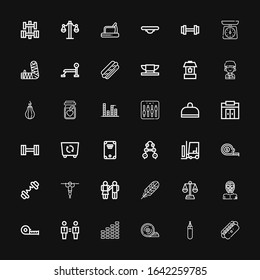 Editable 36 weight icons for web and mobile. Set of weight included icons line Hot dog, Punching bag, Weight plates, Equalizer, Equality, Measuring tape, Wrestler on black background