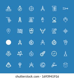 Editable 36 west icons for web and mobile. Set of west included icons line Cowboy, Pistol, Indian, Compass, Bandit, Cardinal points, Gallows, Vane, Cowboy hat on blue background