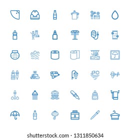 Editable 36 wet icons for web and mobile. Set of wet included icons line Towel, Pipette, Ink, Umbrella, Plastic bottle, Shower, Dropper, Water gun, Sea, Towels on white background