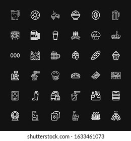 Editable 36 wheat icons for web and mobile. Set of wheat included icons line Beer, Pancake, Bread, Noodles, Field, Farm, Seeds, Muffin, Hop, Roll cake, Wheat on black background