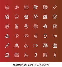 Editable 36 wheat icons for web and mobile. Set of wheat included icons line Beer, Cereal, Barn, Crop, Hop, Baguette, Bread, Crepe maker, Scarecrow, Wheat, Waffle, Noodle on red
