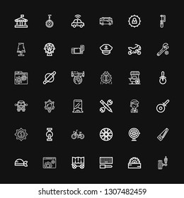 Editable 36 wheel icons for web and mobile. Set of wheel included icons line Suspension, Saw, Configuration, Carriage, Settings, Pirate, Roulette, Spoke wheel on black background