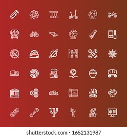 Editable 36 wheel icons for web and mobile. Set of wheel included icons line Settings, Pirate, Psi, Wrench, Skateboard, Bicycle, Baby carriage, Scroll, Pick up, Gear, Carousel on red