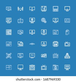 Editable 36 iconos de ancho para web y móvil. Conjunto de iconos de amplia gama incluidos línea Web, Dominio, Televisión, Tamaño web, Pantalla, Televisión, Computación, Monitor, Expansión, sitio en fondo azul