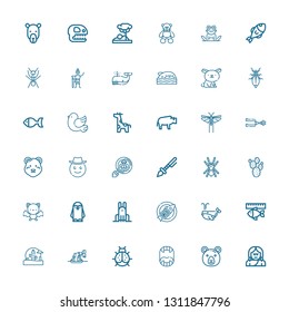 Editable 36 wild icons for web and mobile. Set of wild included icons line Troglodyte, Bear, Fangs, Ladybird, Whale, Wild west, Fish, Rabbit, Penguin, Bat on white background