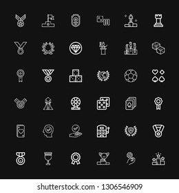 Editable 36 win icons for web and mobile. Set of win included icons line Win, Casino chip, Podium, Prize, Goblet, Medal, Winner, Slot machine, Success, Ace on black background