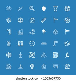 Editable 36 wind icons for web and mobile. Set of wind included icons line Coal, Thaw, Compass, Fan, Sail, Tsunami, Eco fuel, Energy, Pinwheel, Windmill, Ecology on blue background