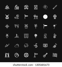 Editable 36 wind icons for web and mobile. Set of wind included icons line Compass, Mandolin, Wind signal, Energy, Geothermal, Electricity, Trumpet, Ecological on black background