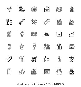 Editable 36 wine icons for web and mobile. Set of wine included icons line Bottle, Toast, Fish food, Barrel, Bar, Refrigerator, Cocktail, Champagne, Wine, Confetti on white background