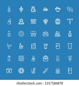 Editable 36 wine icons for web and mobile. Set of wine included icons line Fridge, Bar, Champagne, Drink, Soda, Cocktail, Bottle, Portable fridge, Waitress on blue background