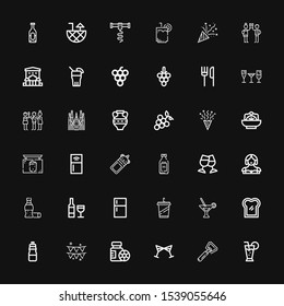 Editable 36 wine icons for web and mobile. Set of wine included icons line Cocktail, Bottle opener, Cheers, Bottles, Party, Bottle, Toast, Martini, Beverage on black background