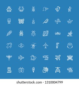 Editable 36 wing icons for web and mobile. Set of wing included icons line Helicopter, Pigeon, Feather, Butterfly, Owl, Plane, Dove, Airplane, Locust, Macaw on blue background