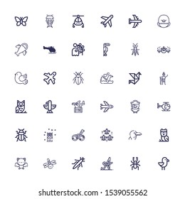 Editable 36 wing icons for web and mobile. Set of wing included icons line Seagull, Beetle, Calligraphy, Grasshopper, Dragonfly, Bat, Owl, Albatross, Aircraft on white background