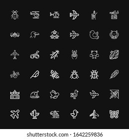 Editable 36 wing icons for web and mobile. Set of wing included icons line Butterfly, Planes, Seagull, Helicopter, Eagle, Aviation, Hang gliding, Airplane on black background