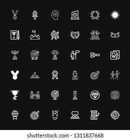 Editable 36 winner icons for web and mobile. Set of winner included icons line Target, Slot machine, Projection, Horse, Prize, Quality, Trophy, Darts, Gamblers on black background