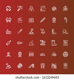 Editable 36 winter icons for web and mobile. Set of winter included icons line Gift box, Luge, Jacket, Toboggan, Skii, Mountain, Radiation, Iceberg, Snowmobile, Cabin, Eskimo on red