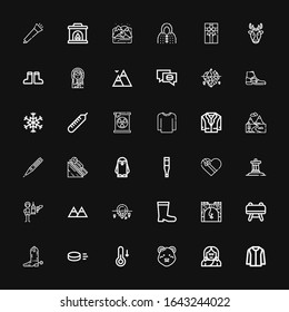 Editable 36 winter icons for web and mobile. Set of winter included icons line Jacket, Troglodyte, Polar bear, Temperature, Puck, Boot, Buck, Bungee jumping on black background