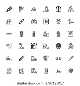 Editable 36 winter icons for web and mobile. Set of winter included icons line Iceberg, Luge, Boot, Boots, Mitten, Thermometer, Goggle, Christmas party, Ice skate on white background