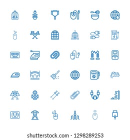 Editable 36 wire icons for web and mobile. Set of wire included icons line Hdmi, Mouse, Cable, Electric tower, Socket, Paper clip, Poles, Copper, Voltmeter on white background