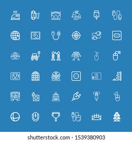 Editable 36 wire icons for web and mobile. Set of wire included icons line Electric tower, Bridge, Mouse, Cable, Earth grid, Hdmi port, Plug, Cage, Multimeter on blue background
