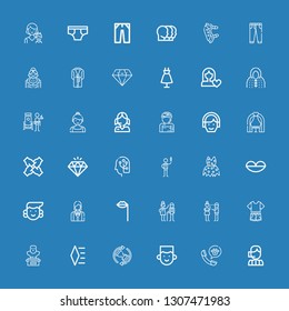 Editable 36 woman icons for web and mobile. Set of woman included icons line Call center, Avatar, Waiting, Diamond, Bust, Clothes, Flirty, Old man, Lips, Waitress on blue background