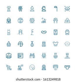 Editable 36 woman icons for web and mobile. Set of woman included icons line Underwear, Woman, Kiss, Girl, Family, Statue, Insemination, Cosplayer, Couple on white background