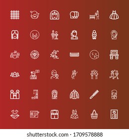 Editable 36 woman icons for web and mobile. Set of woman included icons line Profile, Hand bag, Clothing, Clothes, Kiss, Call center, Comb, Jacket, Eskimo, Gym station on red
