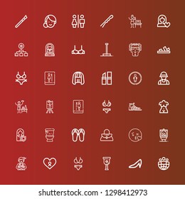 Editable 36 women icons for web and mobile. Set of women included icons line Leader, Heels, Leg, Bikini, Cancer, Woman, Wc, Kiss, Handbag, Sandals, Bust, Toilet, Wedding sign on red