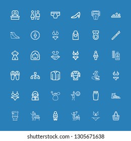 Editable 36 women icons for web and mobile. Set of women included icons line Hand bag, Bikini, Spa, Venus, Woman suffrage, Wc, Sandals, Skirt, Disgusted, Perfume on blue background