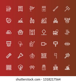 Editable 36 wood icons for web and mobile. Set of wood included icons line Picnic, Abacus, Matches, Axes, Tree, Fence, Axe, Fireplace, Trunk, Wooden leg, Saw, Work table on red