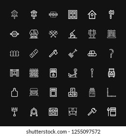Editable 36 wooden icons for web and mobile. Set of wooden included icons line Matches, Axe, Window, Chest, Toy, Rake, Fence, Abc, Match, Cabin, Cutting board on black background