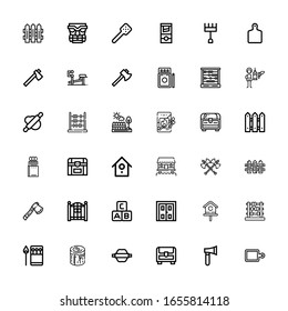 Editable 36 wooden icons for web and mobile. Set of wooden included icons line Cutting board, Axe, Chest, Rolling pin, Log, Matches, Abacus, Birdhouse, Double door on white background