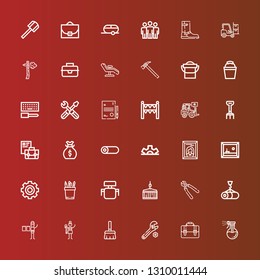 Editable 36 work icons for web and mobile. Set of work included icons line Washing, Briefcase, Wrench, Broom, Graphic designer, Crane, Pliers, Desk chair, Pencil, Settings on red