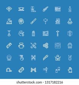 Editable 36 work icons for web and mobile. Set of work included icons line Gloves, Graphic designer, Police line, Safety glasses, Hacksaw, Scissors, Apron, Cutter on blue background