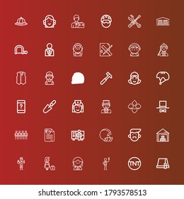 Editable 36 worker icons for web and mobile. Set of worker included icons line Hat, Tnt, Nurse, Receptionist, Dismissed, Worker, Storehouse, Avatar, Helmet, CV, Team, Suit on red