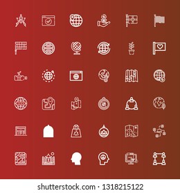 Editable 36 world icons for web and mobile. Set of world included icons line Network, Web, Peace, Global, Taj mahal, Map, Plant, Recycled Plastic Bag, Browser, Planet earth on red