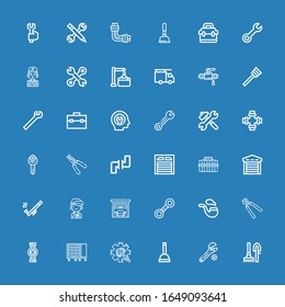 Editable 36 wrench icons for web and mobile. Set of wrench included icons line Tools, Wrench, Plunger, Maintenance, Tool box, Pipes, Pliers, Pipe, Garage, Mechanic on blue background