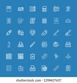 Editable 36 write icons for web and mobile. Set of write included icons line Paper, Ruler, Document, Copywriter, Note, Contact, Writing, Notes, Sheet, Typewriter on blue background