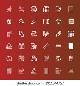 Editable 36 write icons for web and mobile. Set of write included icons line Editing, Note, Inkwell, Write, Documentation, Pencil, Notes, Printer, Resume, Align left, Ruler on red