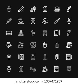 Editable 36 writing icons for web and mobile. Set of writing included icons line Mailbox, Contract, Pencil case, Notepad, Pen, Paper, Exam, Graduation, Writing on black background