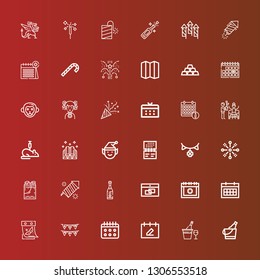 Editable 36 year icons for web and mobile. Set of year included icons line Ice bucket, Champagne, Calendar, Garlands, Date, Fireworks, Garland, Elf, Ingots, Rat, Party on red