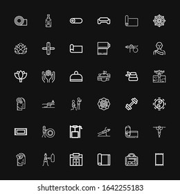 Editable 36 yoga icons for web and mobile. Set of yoga included icons line Carpet, Gym, Yoga mat, Fitness, Relax, Well, Rug, Taoism, Spiritual, Zen, Diet, Lotus on black background