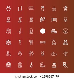 Editable 36 young icons for web and mobile. Set of young included icons line Selfie, Plant, Roller skate, Root, Girl, Wig, Sprout, Couple, Birthday girl, Zookeeper, Resistance band on red