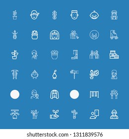 Editable 36 young icons for web and mobile. Set of young included icons line Zookeeper, Selfie, Plants, Plant, Gym station, Couple, Swing, Leaves, Wig, Mother on blue background