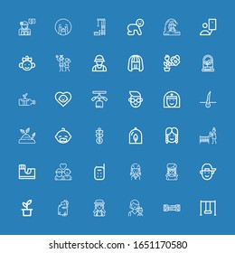 Editable 36 young icons for web and mobile. Set of young included icons line Swing, Resistance band, Mother, Girl, Pregnant, Plant, Boy, Baby monitor, Couple on blue background